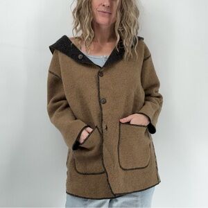 Indigenous Designs Reversible Wool Jacket Hood Womens L Felted Pockets Gray Tan